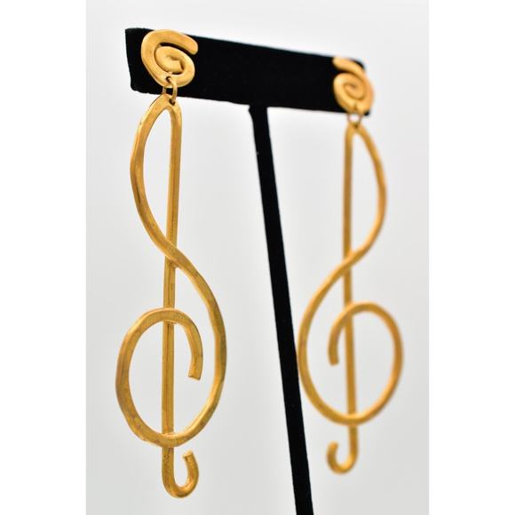 Vintage Treble Clef Earrings Dangle Brushed Gold Matte Long Chunky NOS 1980s A23 - Picture 4 of 12